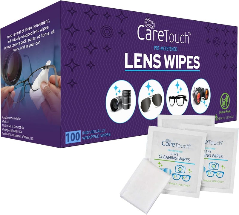 Care Touch Lens Wipes for Eyeglasses- 100 Count Individually Wrapped Pre- Moistened Wipes, 5 x 6 Inch- Camera Lens, Sunglasses and Glasses Cleaner,- Gentle and Portable for Cleaning of Optical Devices - Image 1